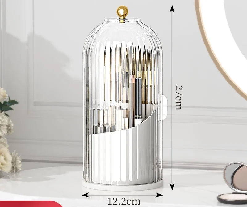Clear glass organizer for makeup brushes with a gold lid and white base