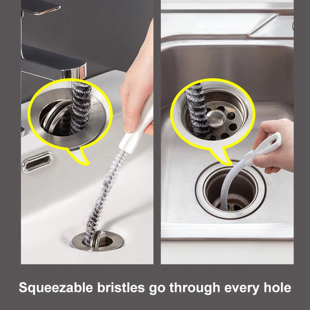 Close-up of squeezable bristles going through a sink drain hole and into the pipe.