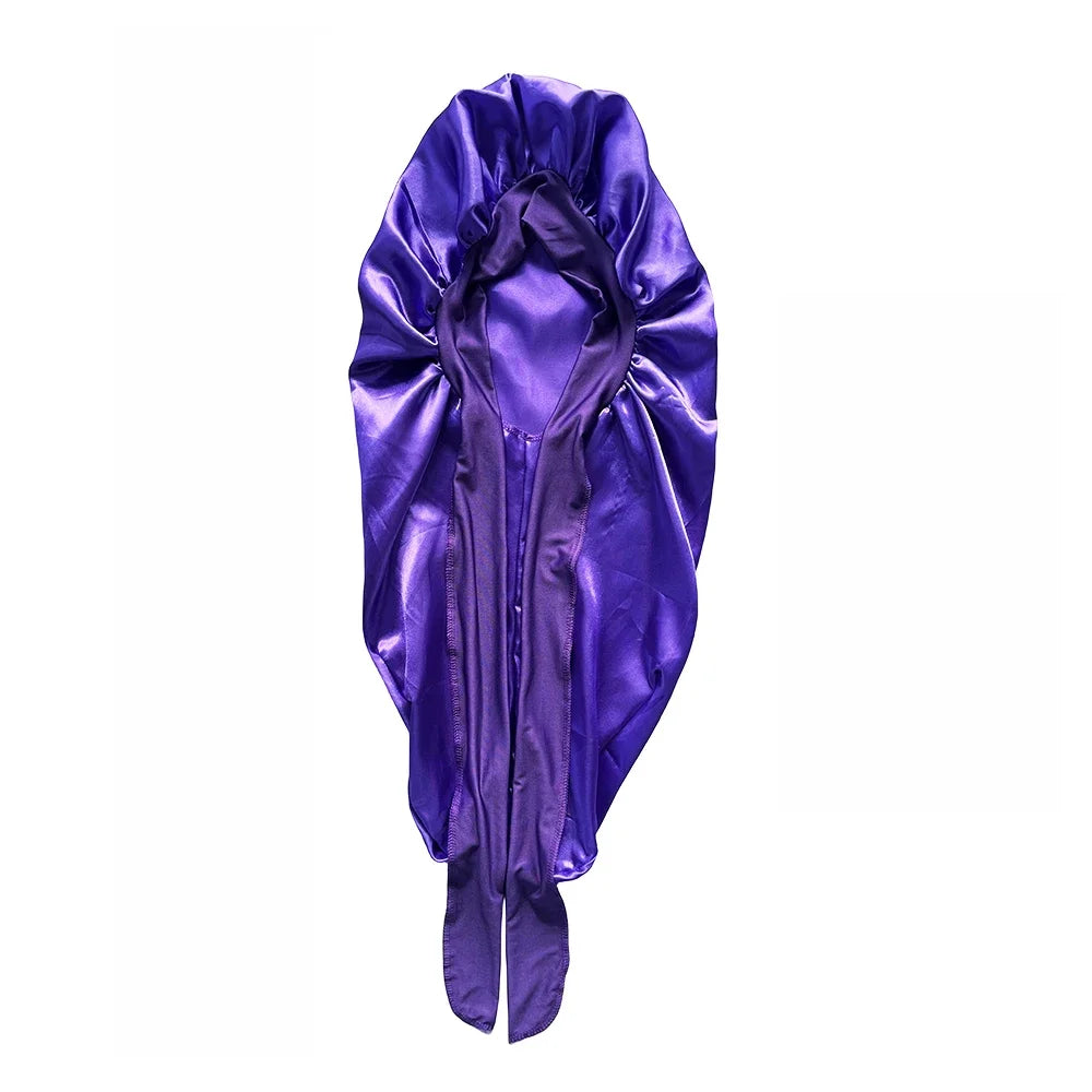 Purple satin sleeping bonnet for curly hair