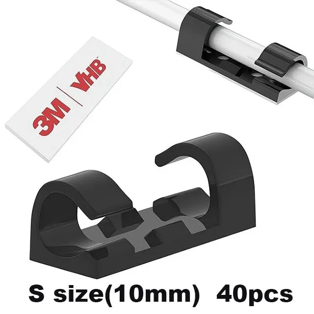 Black heavy duty self-adhesive cable clips in S size (10mm) quantity 40 pieces