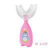 Pink silicone U-shaped toothbrush with an owl design for children