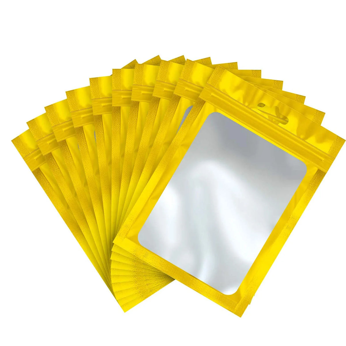 A fan of yellow jewelry display pouches stacked and arranged in a pyramid shape.