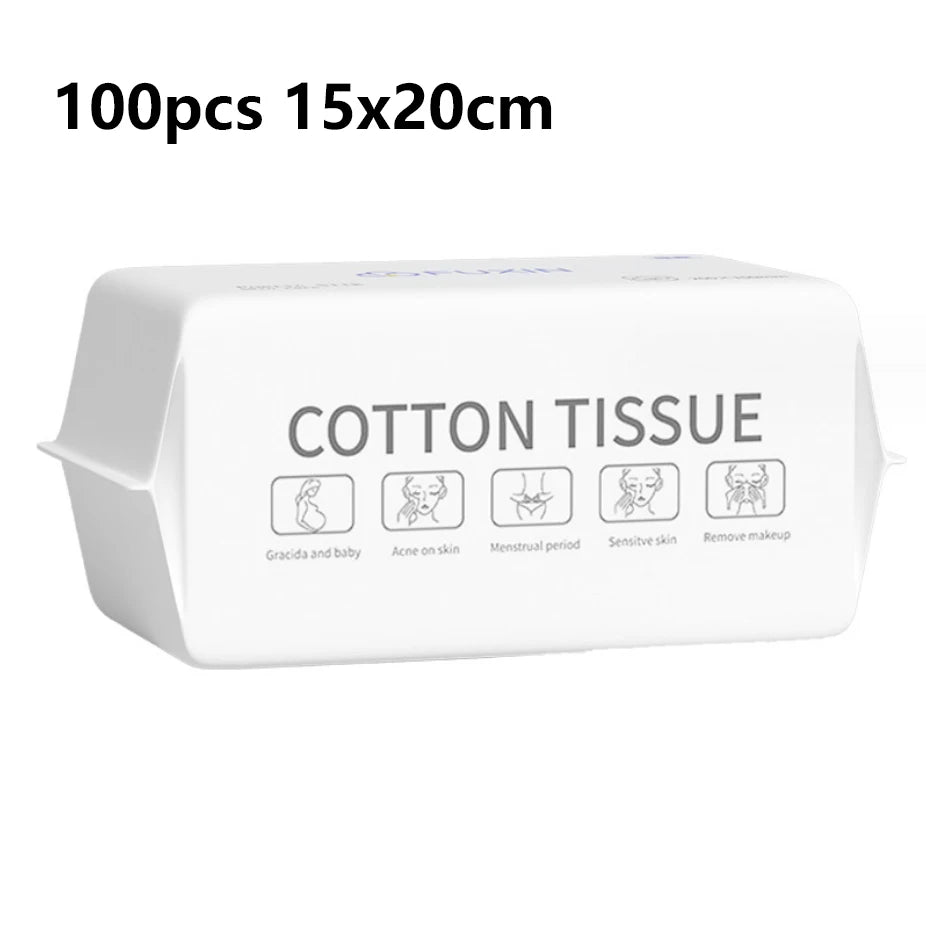 A package of 100 pieces of cotton tissue facial cleansing towels.