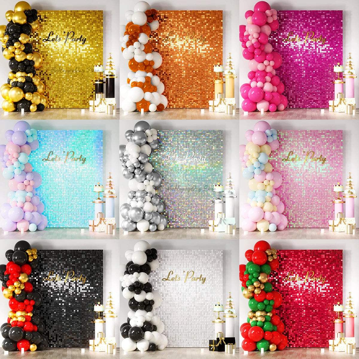 Gitter aus metallischem Tinselfolien-Fringekulissen in verschiedenen Farben wie Gold, Orange, Pink, Lila und Silber