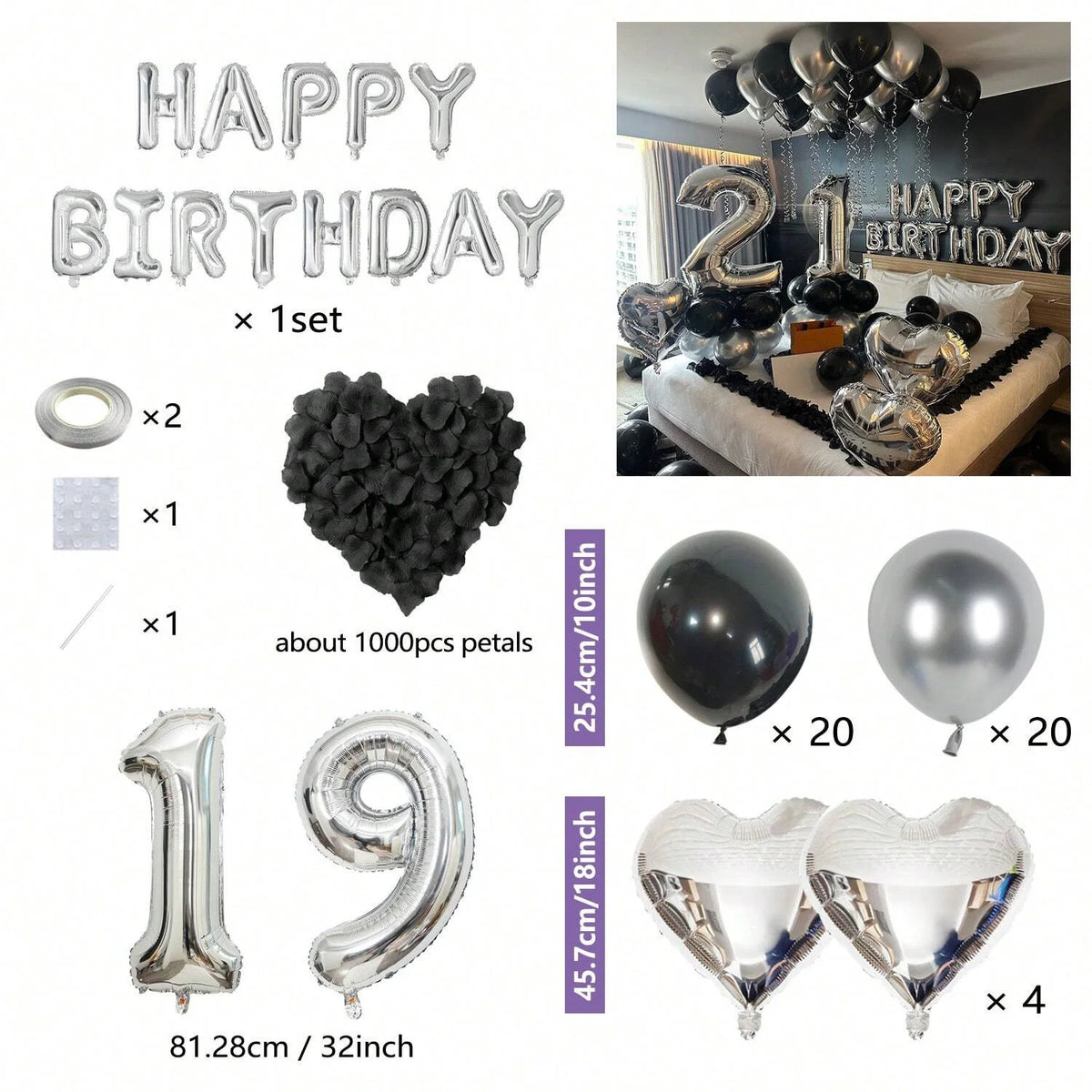 Elegant black and silver birthday decor kit featuring balloons, number props, and petal accents