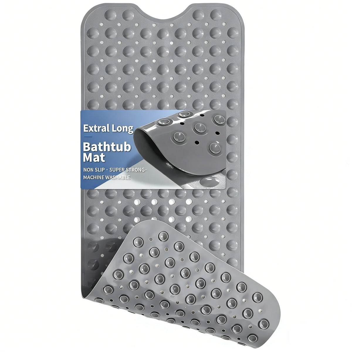 A gray extra long non-slip bathtub mat with suction cups shown in a vertical display.