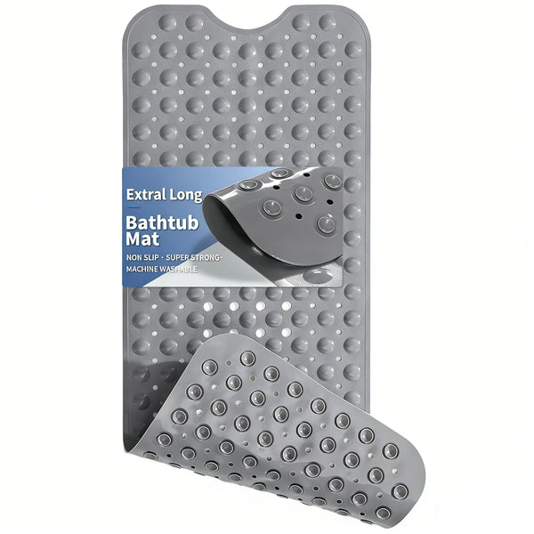 A gray extra long non-slip bathtub mat with suction cups shown in a vertical display.