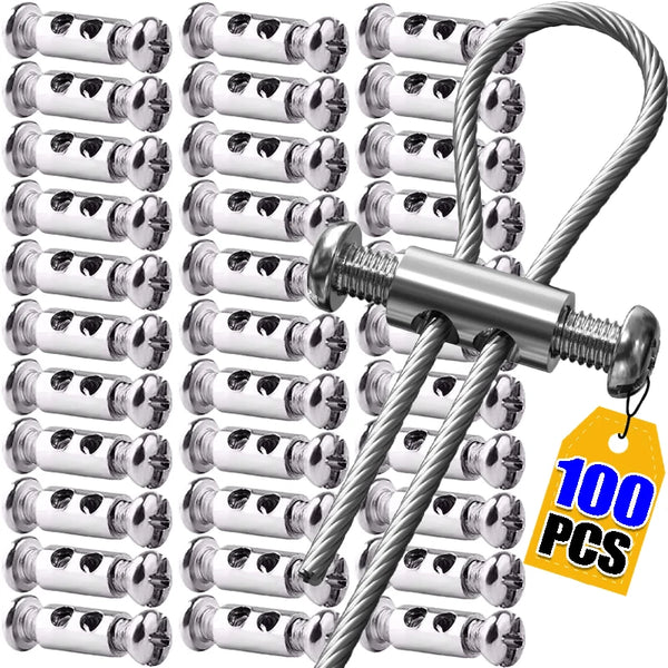 A pack of 100 adjustable steel wire rope cable clamps with threaded ends.