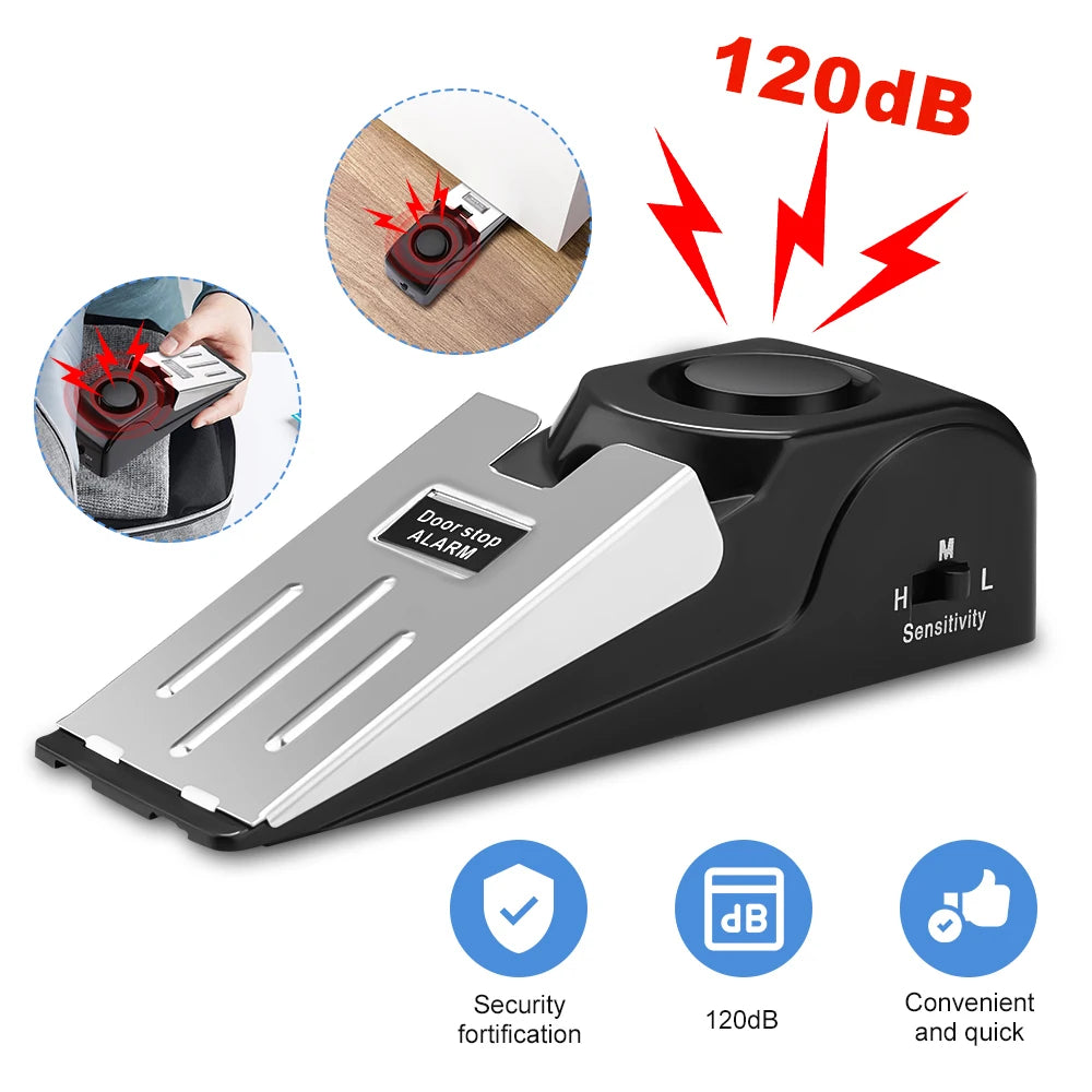 Dispositivo portátil de tope de puerta negro con sensor de vibración, sonido de 120dB y seguridad Forti