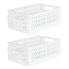 Two white foldable plastic storage baskets shown from above.