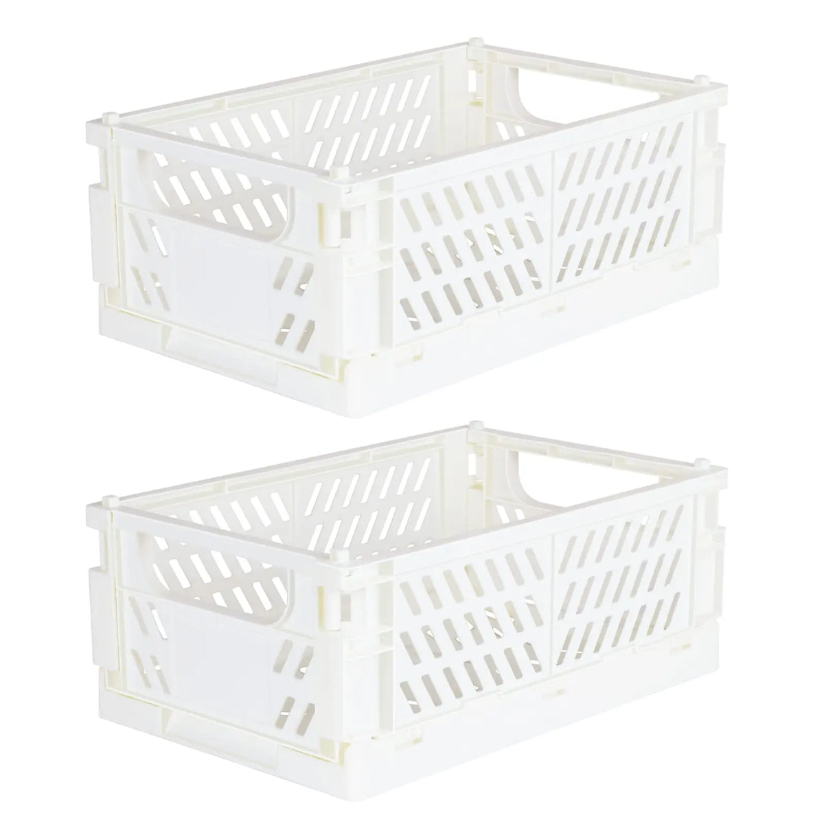 Two white foldable plastic storage baskets shown from above.