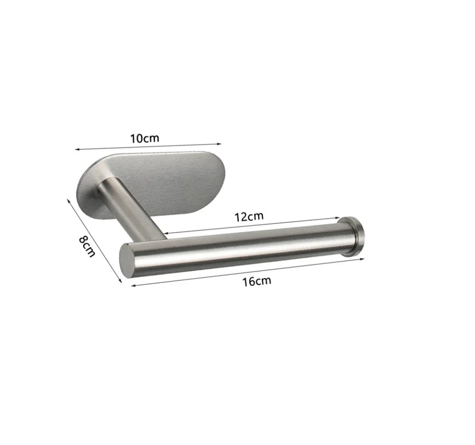 A silver rustproof wall mounted toilet paper holder with a 16cm bar and an 8cm mounting plate.