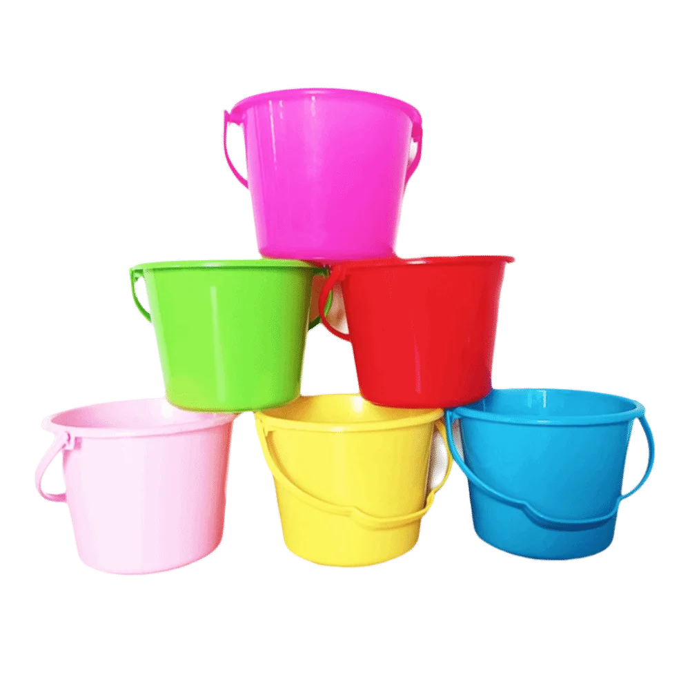 Six plastic water splashing buckets in various bright colors including pink, green, red, yellow, and blue.
