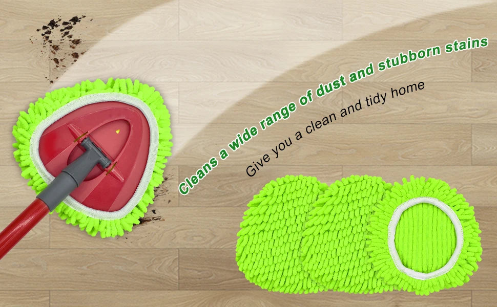A green replacement spin mop head is shown next to a red mop handle, demonstrating cleaning ability.