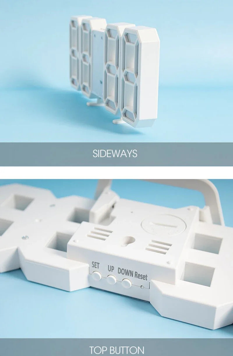 A white 3D LED digital alarm clock is shown from a side view and top button perspective.