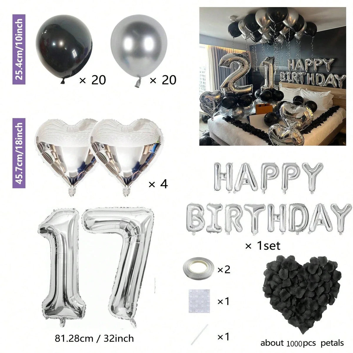Birthday decor kit featuring black and silver balloons, heart confetti, and number decorations