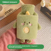 A light green unicorn plush animal hot water bottle with double handles and long plush texture.