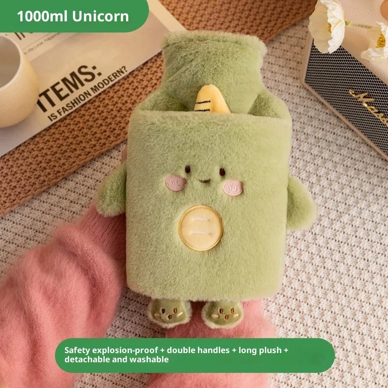 A light green unicorn plush animal hot water bottle with double handles and long plush texture.