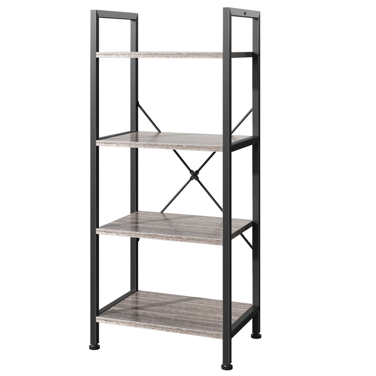 A black metal bookshelf with four wooden shelves for home decor and storage.
