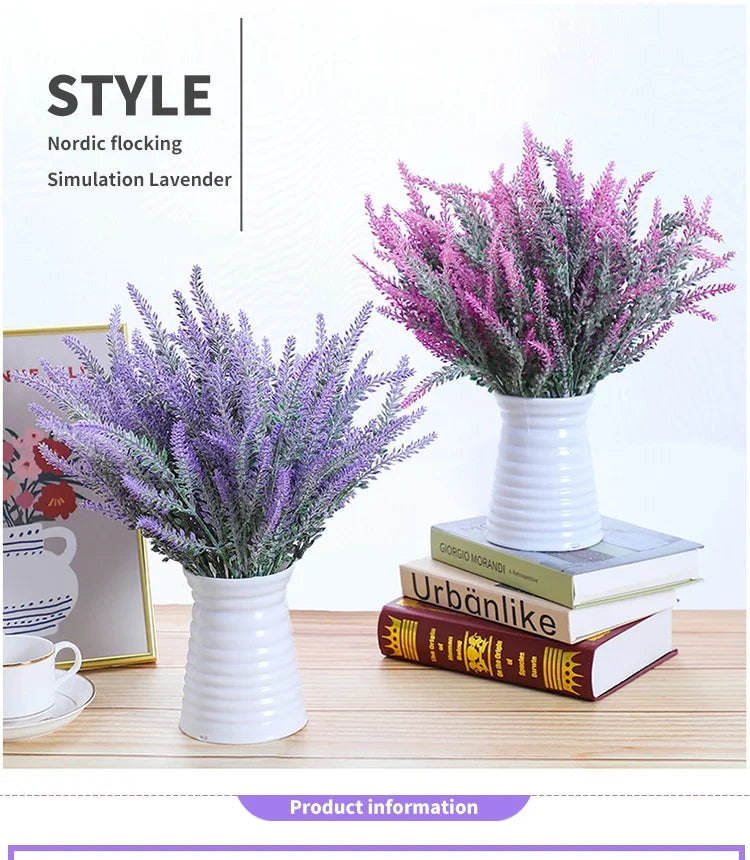 A bouquet of purple and lavender artificial flowers in a white vase displayed on a wooden table.