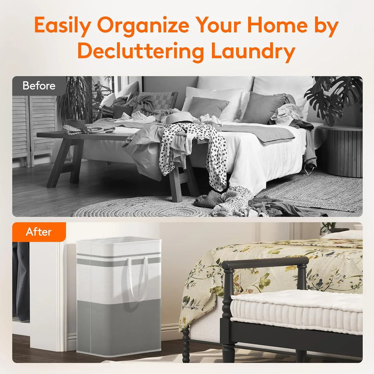Before and after comparison showing a laundry hamper being used to declutter a bedroom.