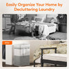 Before and after comparison showing a laundry hamper being used to declutter a bedroom.