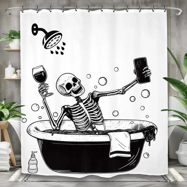 A black and white illustration of a skull skeleton emerging from a bathtub filled with water.