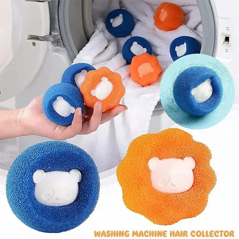A hand is shown placing reusable pet hair and lint remover balls into a washing machine for cleaning.
