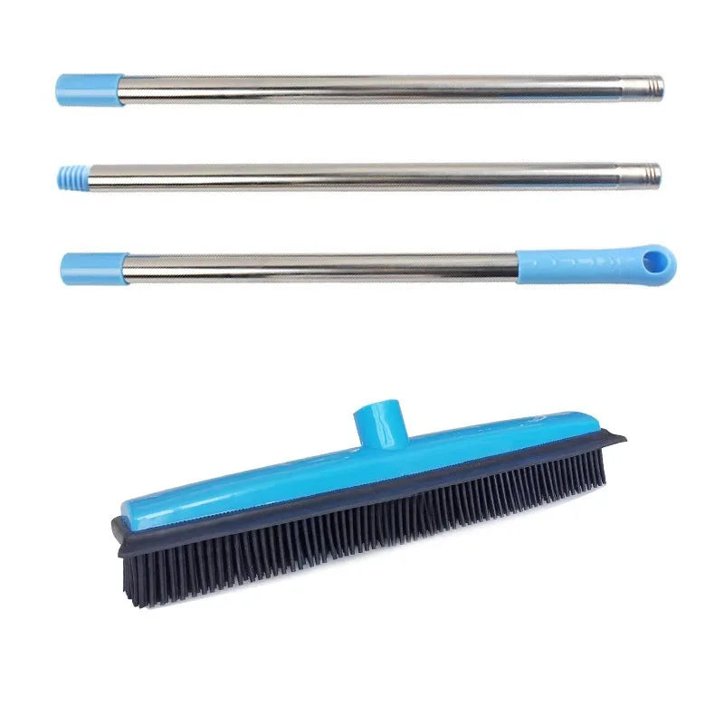 Three telescopic rubber brooms for pet hair removal shown in different lengths and colors.
