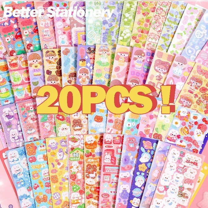 A colorful assortment of 20 individual Kawaii DIY stickers for crafting and decoration