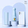 A light blue folding umbrella and a white smartphone are displayed against a soft blue background.