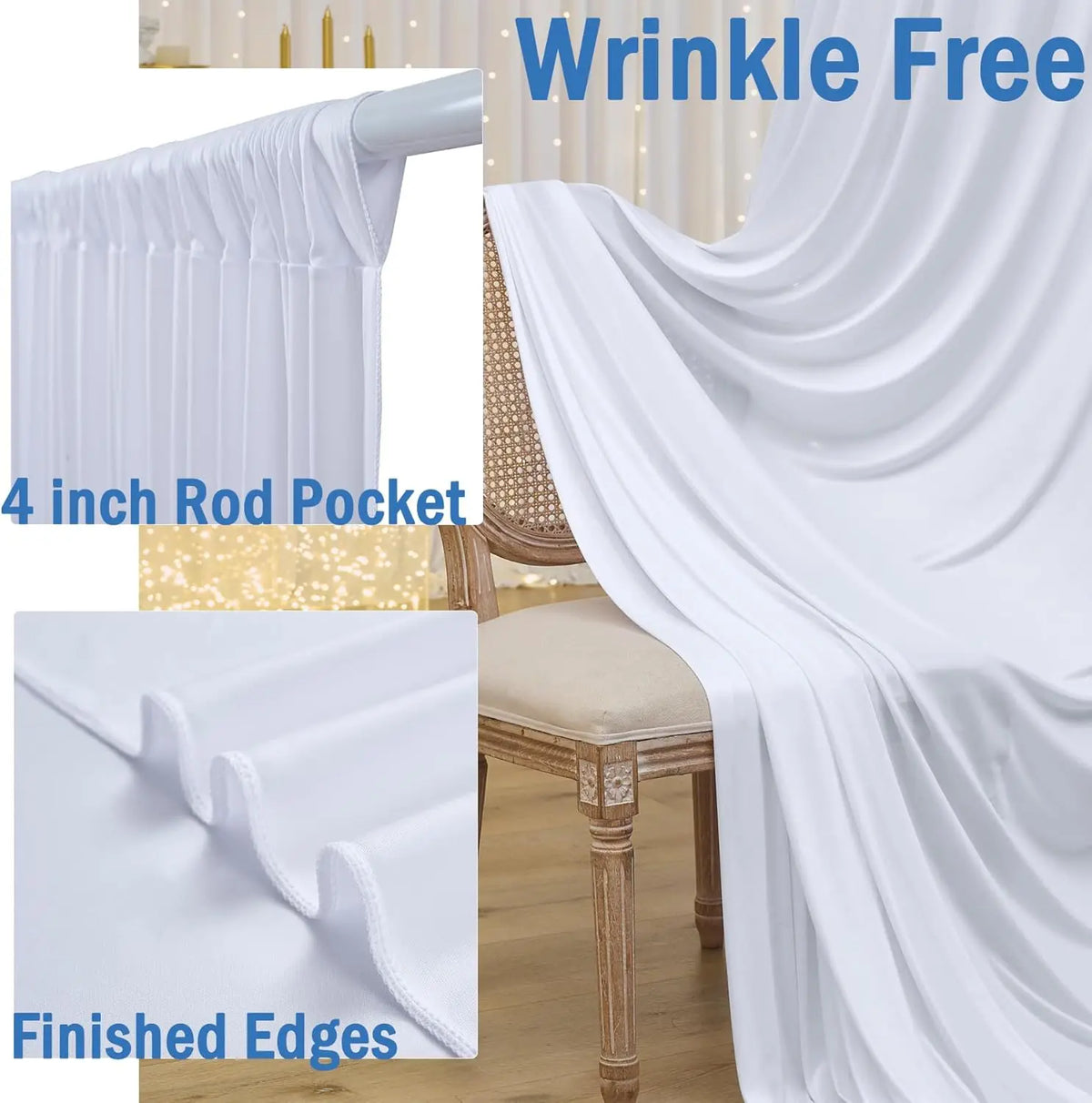 Cortinas de tela blanca sin arrugas con bolsillos de varilla y bordes terminados, drapeadas elegantemente.