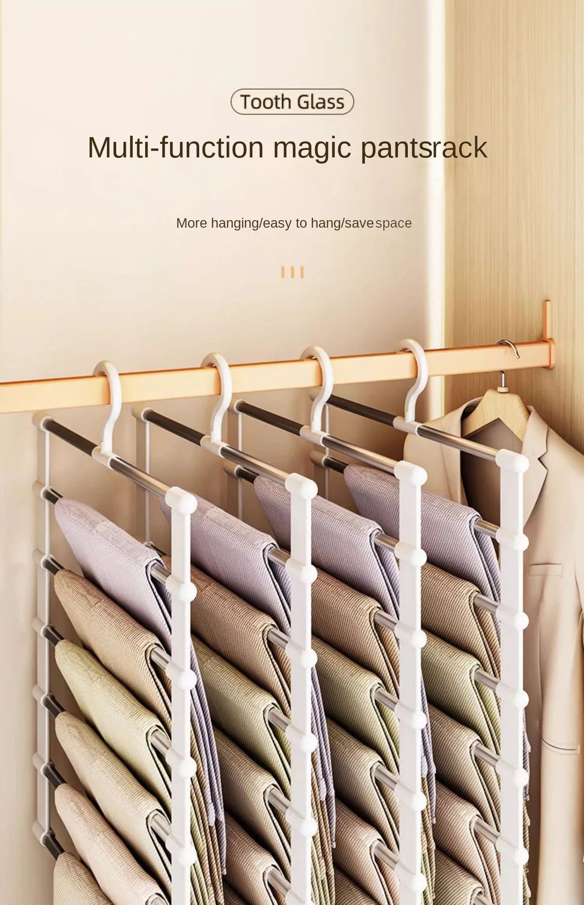 A multi-function magic pantsrack with hanging rods and multiple hangers for organizing clothing.