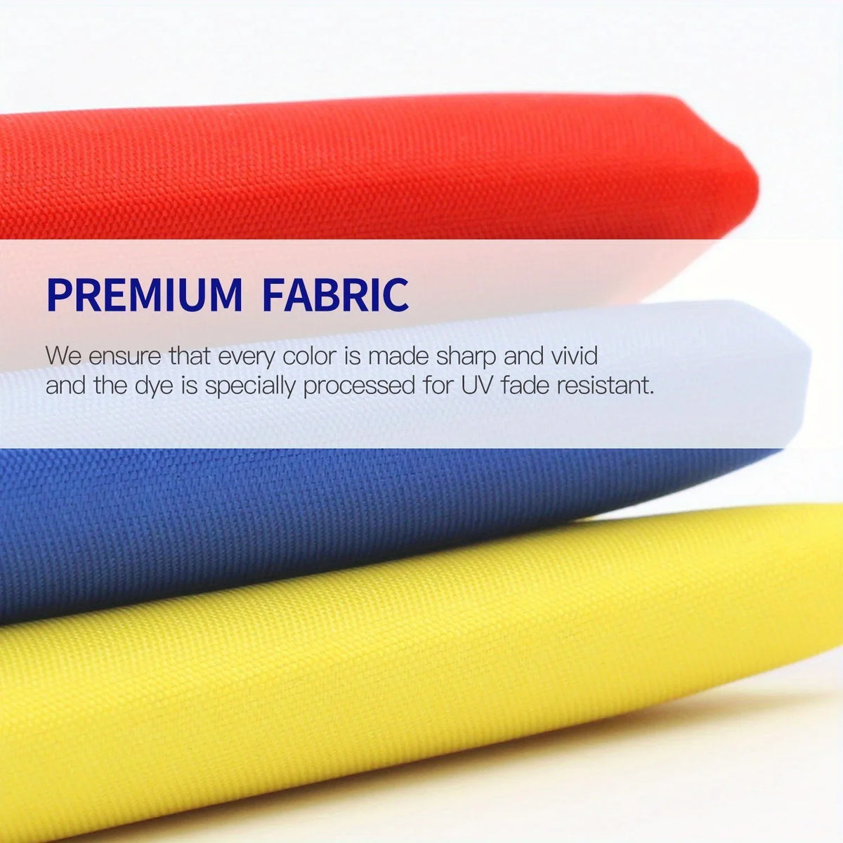 Three rolled fabric flags in red, blue, and yellow showcasing premium fabric quality
