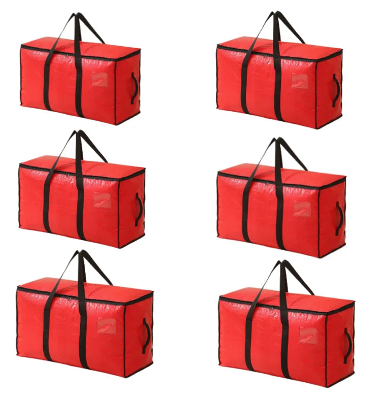 Six red heavy duty extra large moving bags with black handles and straps.
