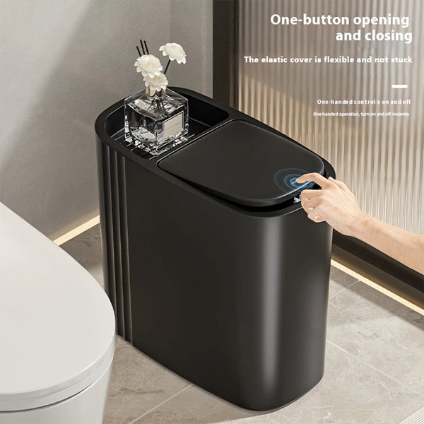 A black odor-sealing trash can with a press lid is shown, demonstrating one-button opening and closing functionality.