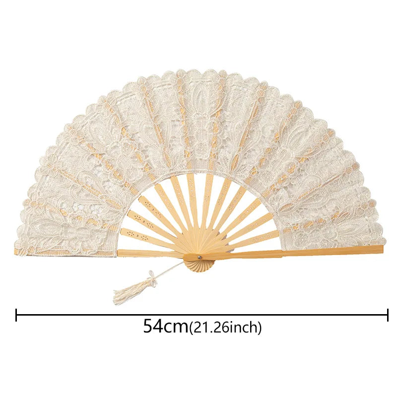 Elegant lace folding handheld fan with a light beige color and wooden ribs