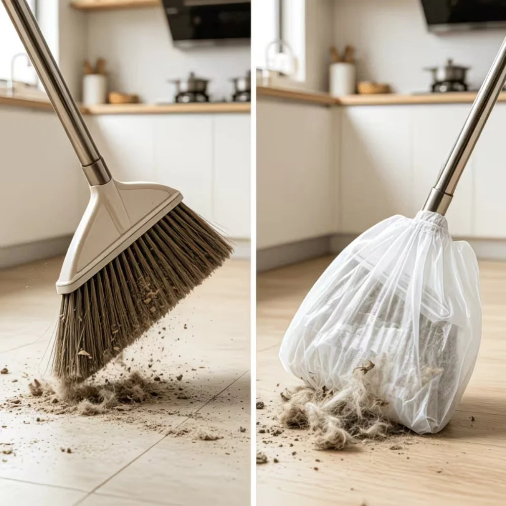A close-up view of a disposable electrostatic broom cover being used to quickly clean dust from a wooden floor.