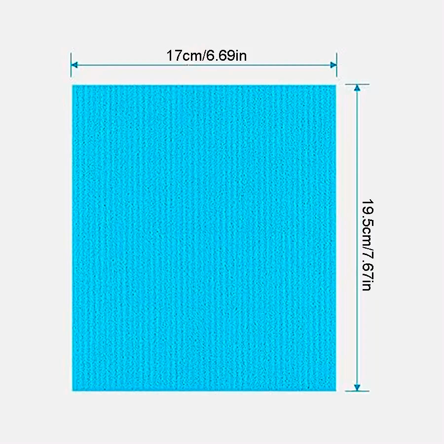 A square blue microfiber dish cloth measuring 17cm by 19.5cm.