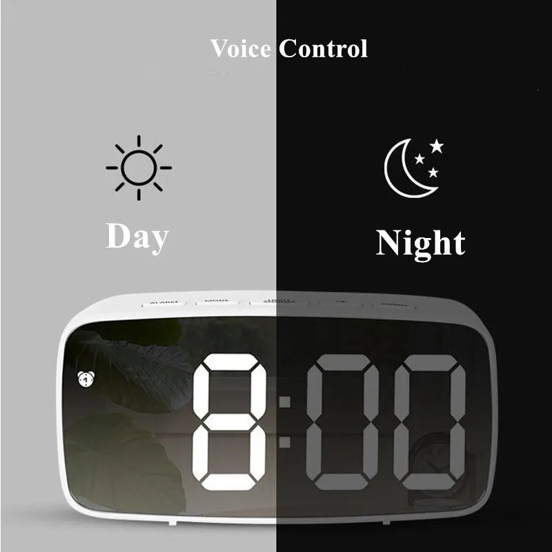 A digital alarm clock displaying 8:00 with a sun icon for day mode and a moon icon for night mode.