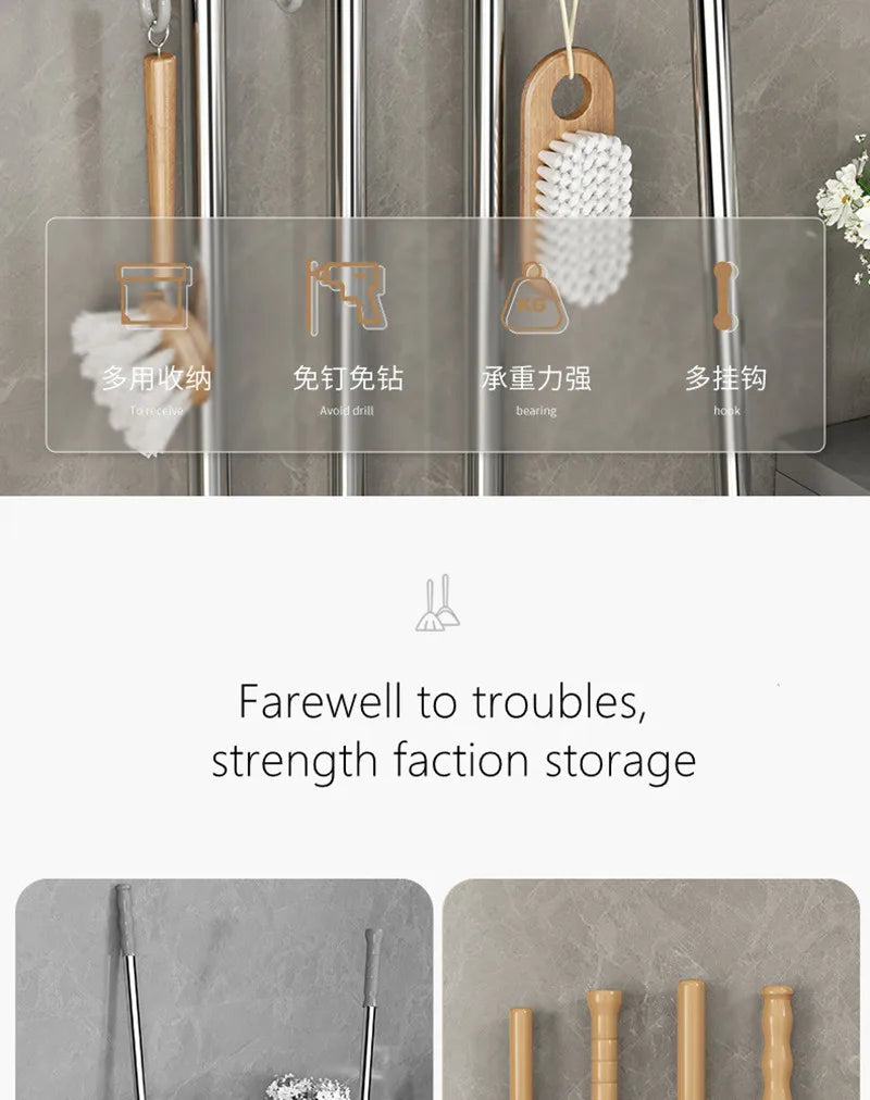 Wall mounted broom holder showing various storage functions like tool storage and strength bearing