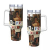 A stainless steel travel tumbler mug featuring a collage of movie stills and text.