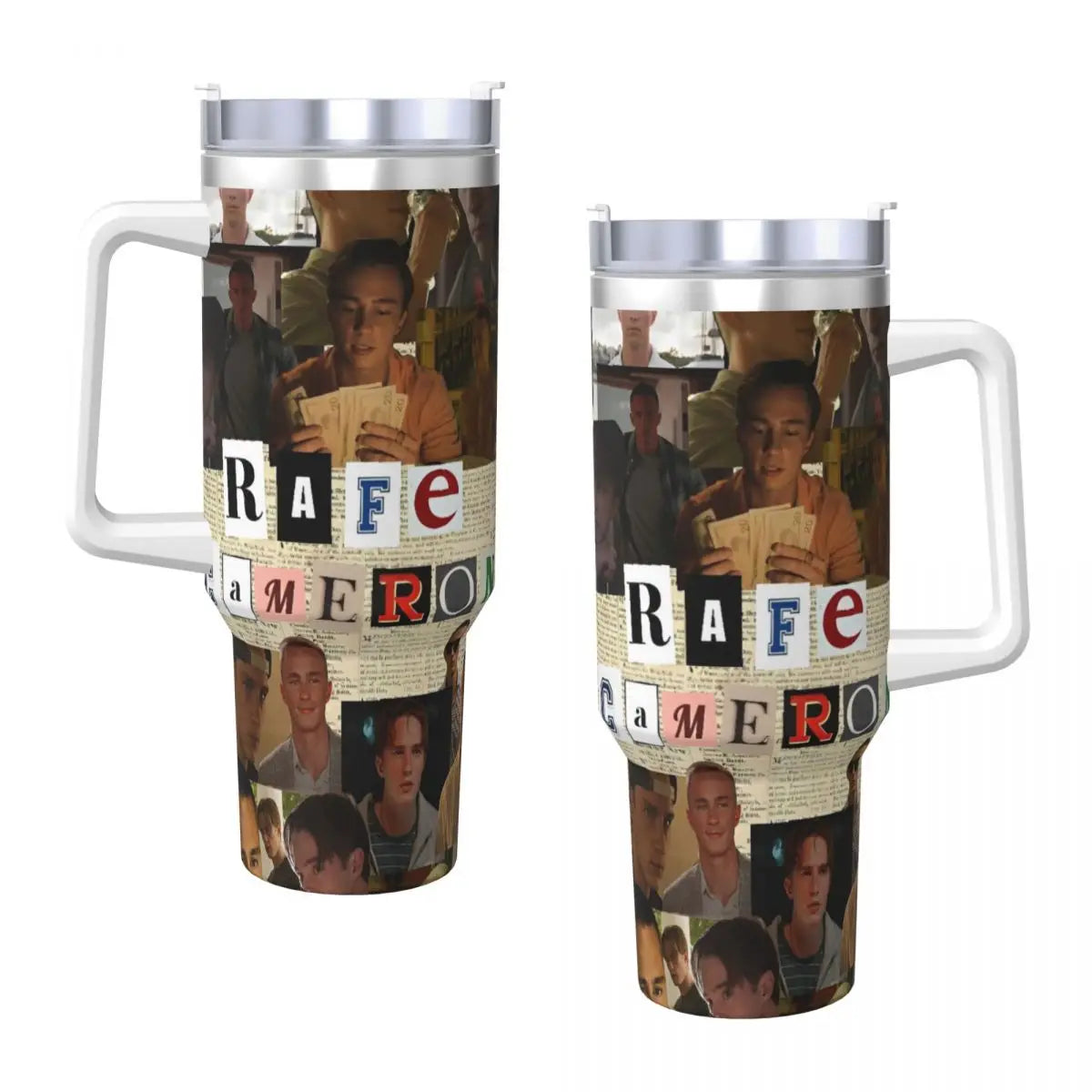 A stainless steel travel tumbler mug featuring a collage of movie stills and text.