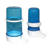 A clear blue bird drinking trough with a white base and feeding mechanism.