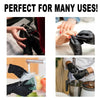 A collection of black disposable nitrile gloves being used for various household and professional tasks.