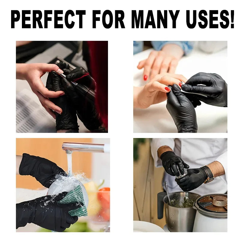 A collection of black disposable nitrile gloves being used for various household and professional tasks.