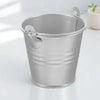 A silver vintage iron flower bucket with a lid sits on a white surface.