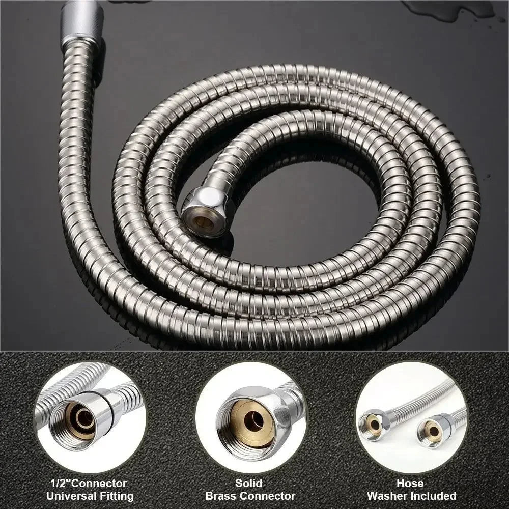 Flexible stainless steel shower hose with a solid brass connector and washer included