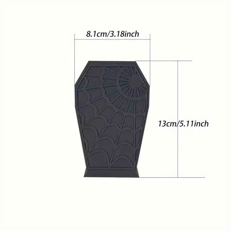 Black gothic coffin-shaped makeup brush holder with a spider web design