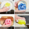 Hände demonstrieren die Verwendung von smiley-Gesicht-Temperaturwechsel-Reinigungschwämmen in verschiedenen Kontexten wie Top